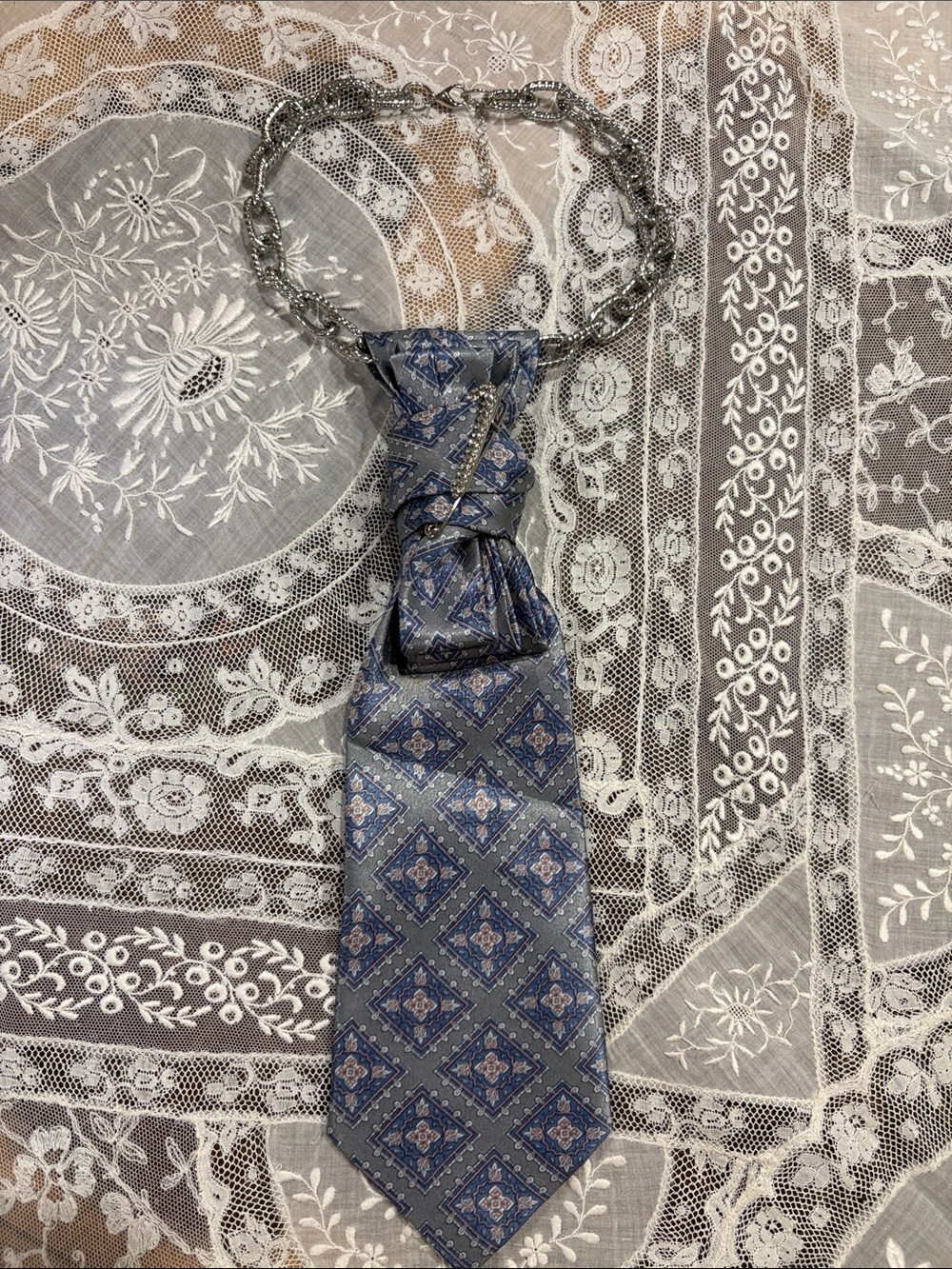 Blue Patterned Tie necklace with rhinestone details